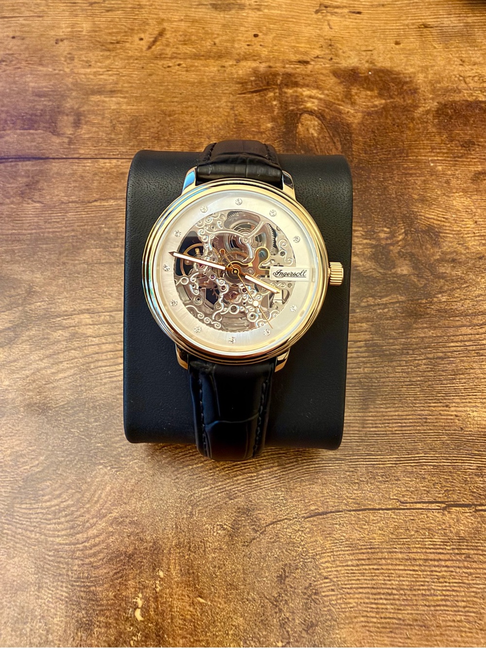 Ingersoll Gold-Tone Skeleton Watch with Black Leather Strap